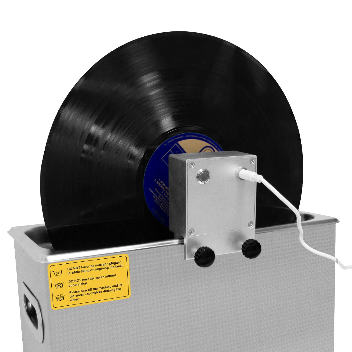 Pulitore ad ultrasuoni T-Mech con vinile nero in fase di pulizia, struttura metallica argentata e dettagli gialli di avviso