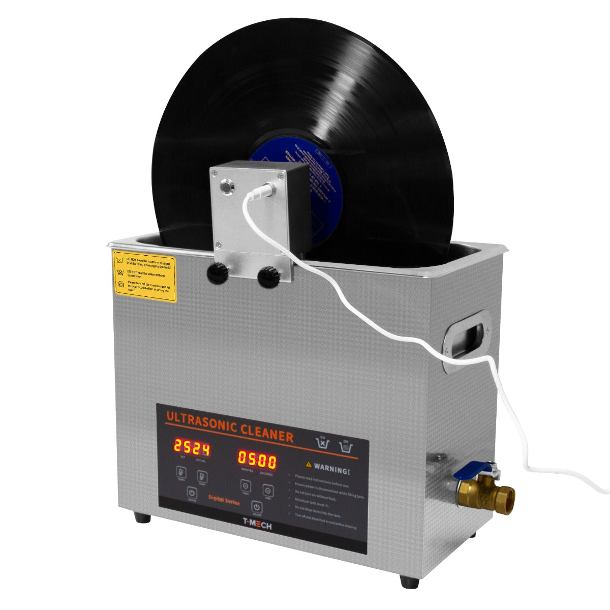 Pulitore ad ultrasuoni T-Mech in metallo grigio con display digitale, progettato per la pulizia di vinili, con un disco in evidenza