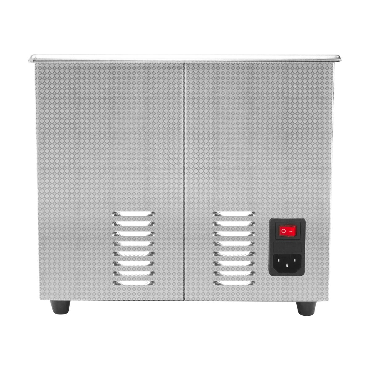 Pulitore ad ultrasuoni T-Mech in acciaio inox, con finitura lucida, manopole di accensione e ventole di raffreddamento, design compatto e moderno