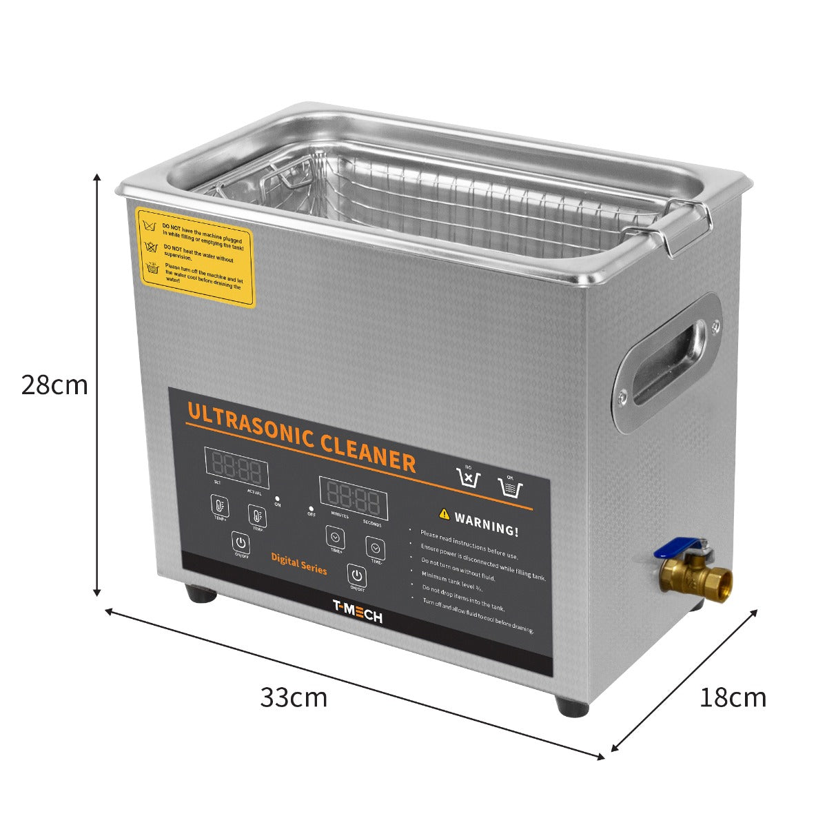 Pulitore ad ultrasuoni T-Mech in acciaio inox, con display digitale, dimensioni 33x18x28 cm, ideale per la pulizia di vinili e oggetti delicati
