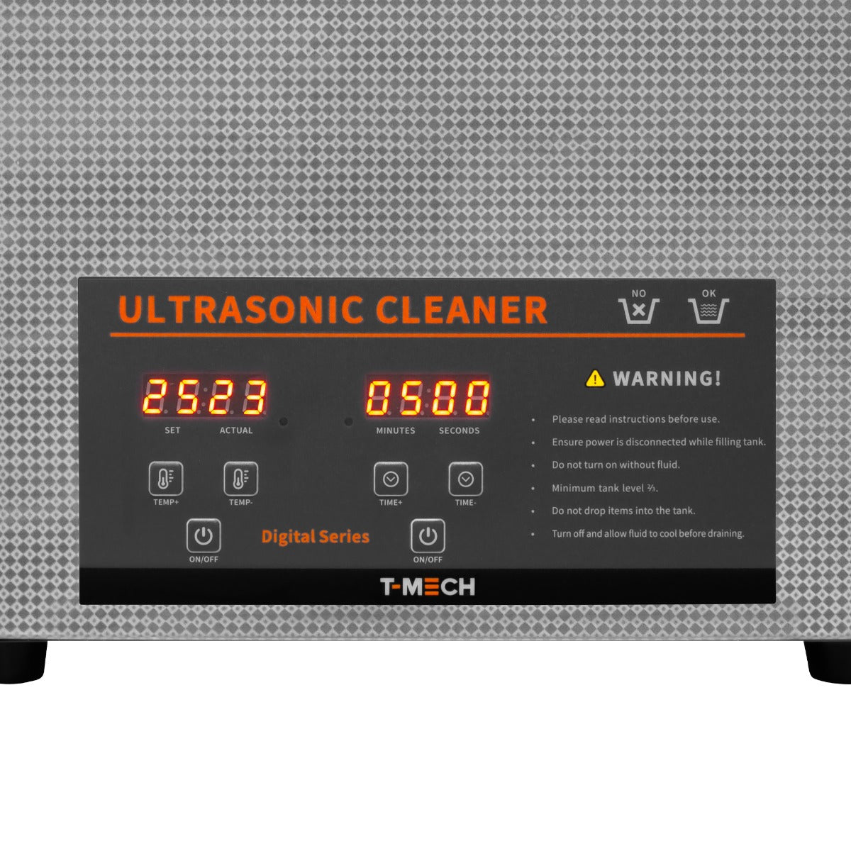 Pulitore ad ultrasuoni T-Mech con display digitale, pulsanti neri e indicazioni luminose per tempo e temperatura di pulizia