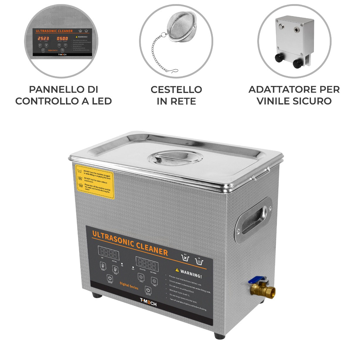 Pulitore ad ultrasuoni T-Mech 6L con pannello LED, coperchio in acciaio inox, cestello in rete e adattatore per vinili sicuro