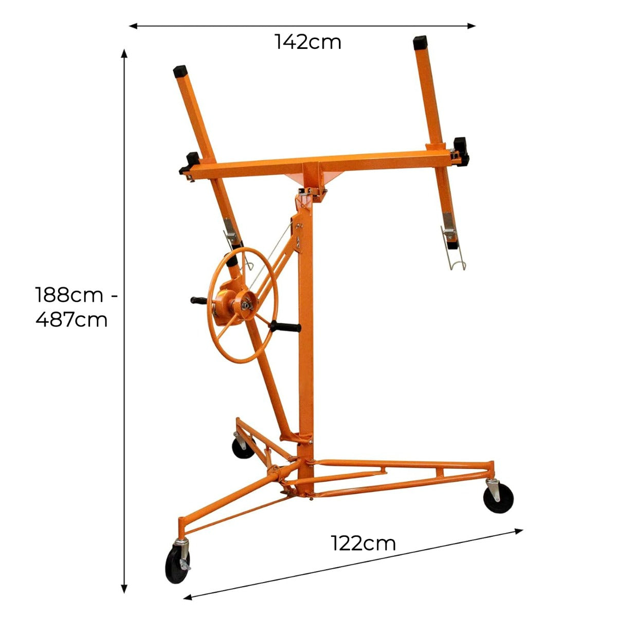 Alzalastre per cartongesso arancione, regolabile da 188cm a 487cm, con ruote e manovella per facilitare il sollevamento e il posizionamento