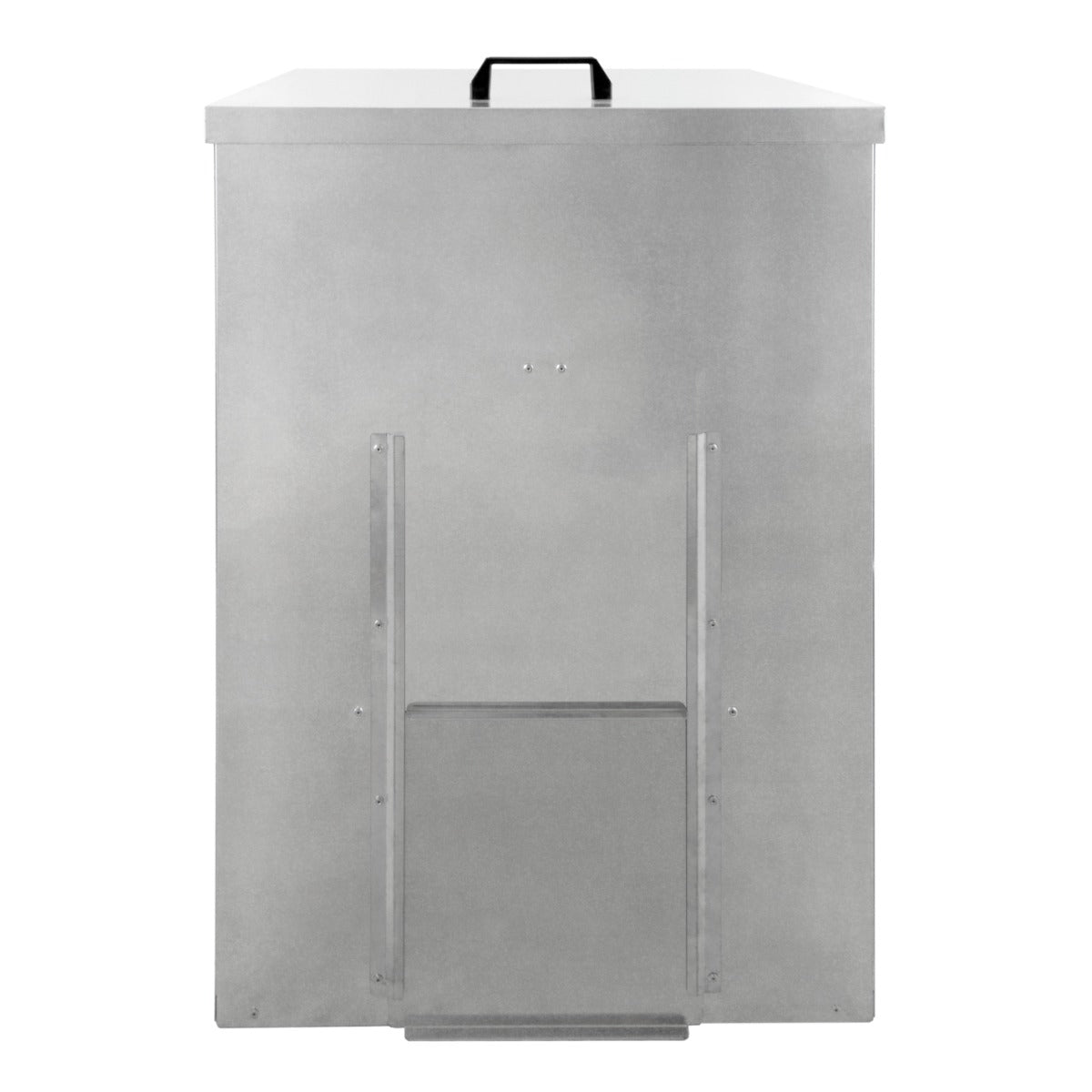 Bidone per carbone e legna in acciaio inox, finitura lucida, con maniglia nera e base rinforzata, capacità di 150 kg