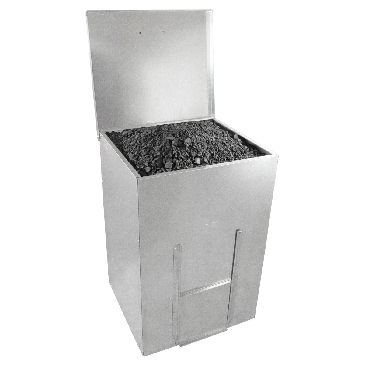 Bidone in acciaio inox per carbone e legna, capacità 150 kg, con coperchio e finitura lucida, ideale per stoccaggio e trasporto