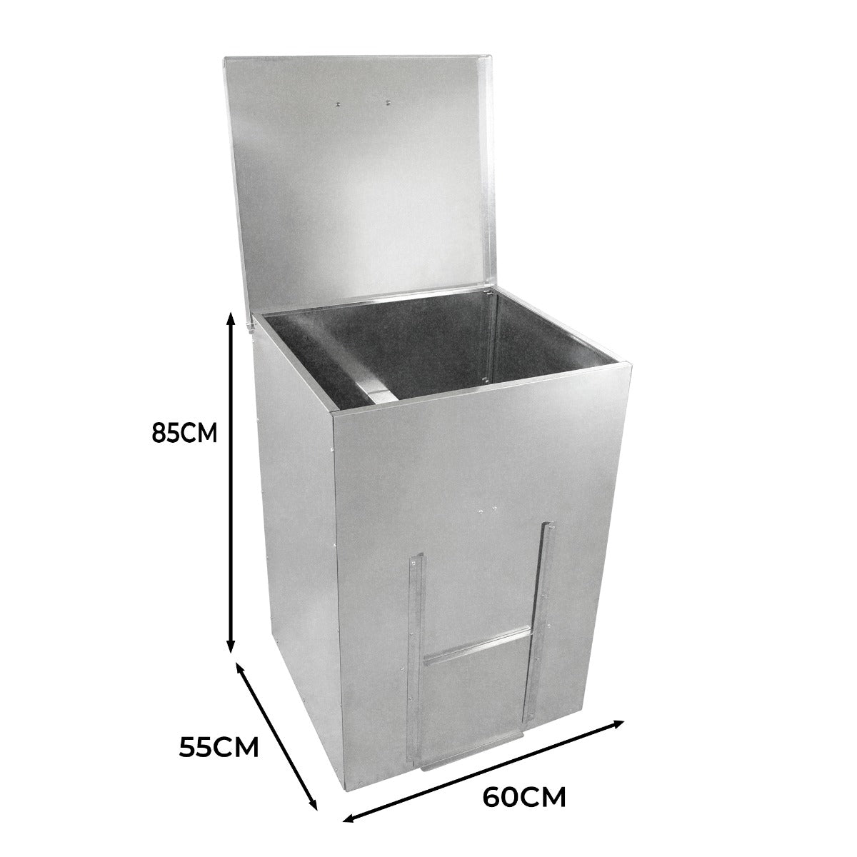 Bidone per carbone e legna in acciaio inox, finitura lucida, dimensioni 85x60x55 cm, con coperchio a ribalta e design robusto