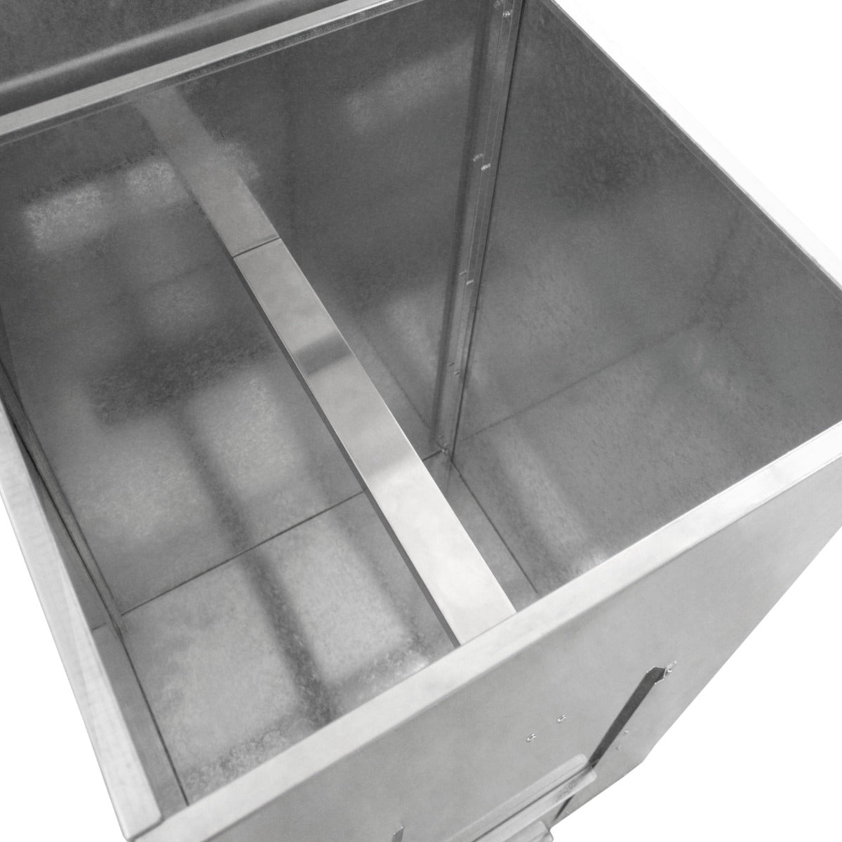 Bidone per carbone e legna in acciaio inox, finitura lucida, capienza di 150 kg, con pareti robuste e fondo piatto per stabilità