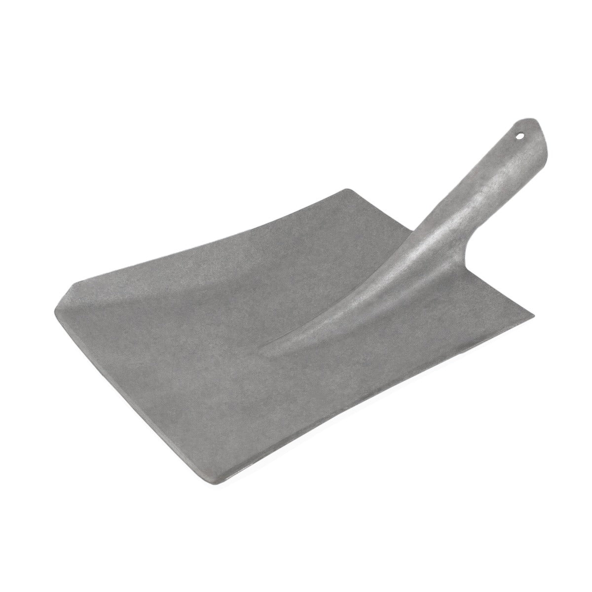 Paletta in metallo grigio con manico ergonomico, ideale per carbone e legna, con superficie liscia e angoli arrotondati per una facile raccolta