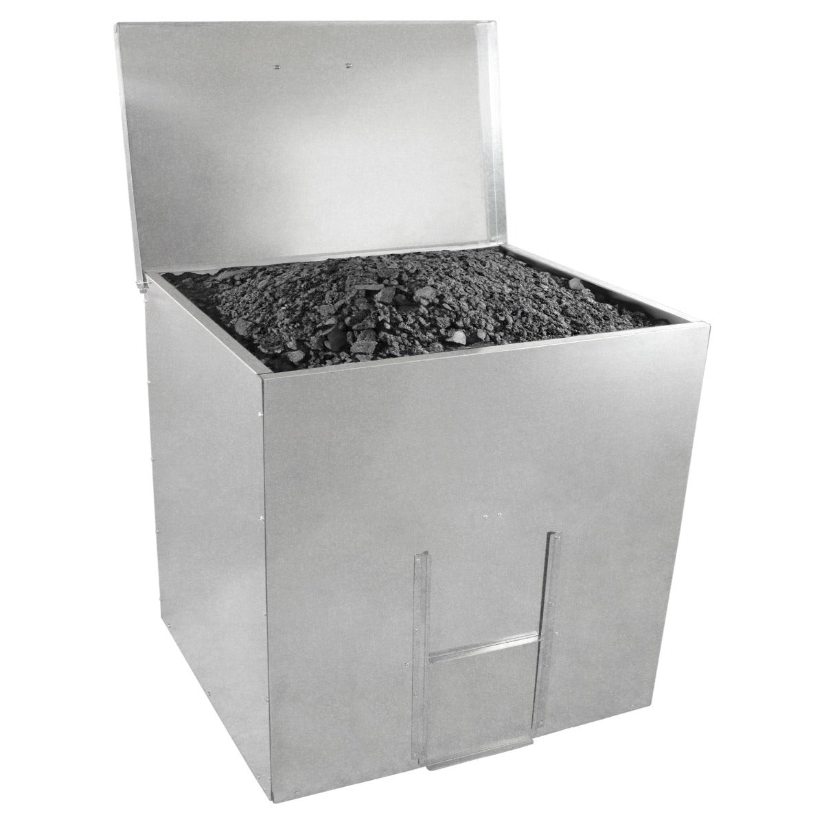 Bidone per carbone e legna in acciaio inox, con coperchio aperto, contenente carbone nero, design quadrato e superficie liscia