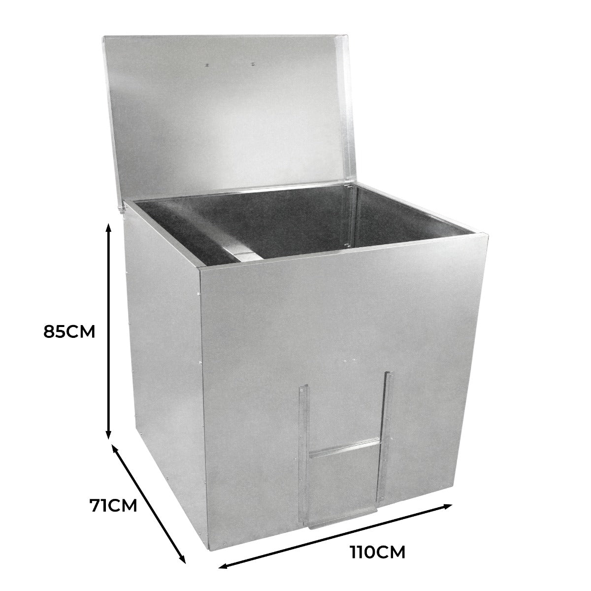 Bidone in acciaio inox per carbone e legna, dimensioni 110x71x85 cm, con coperchio e finitura lucida, ideale per esterni