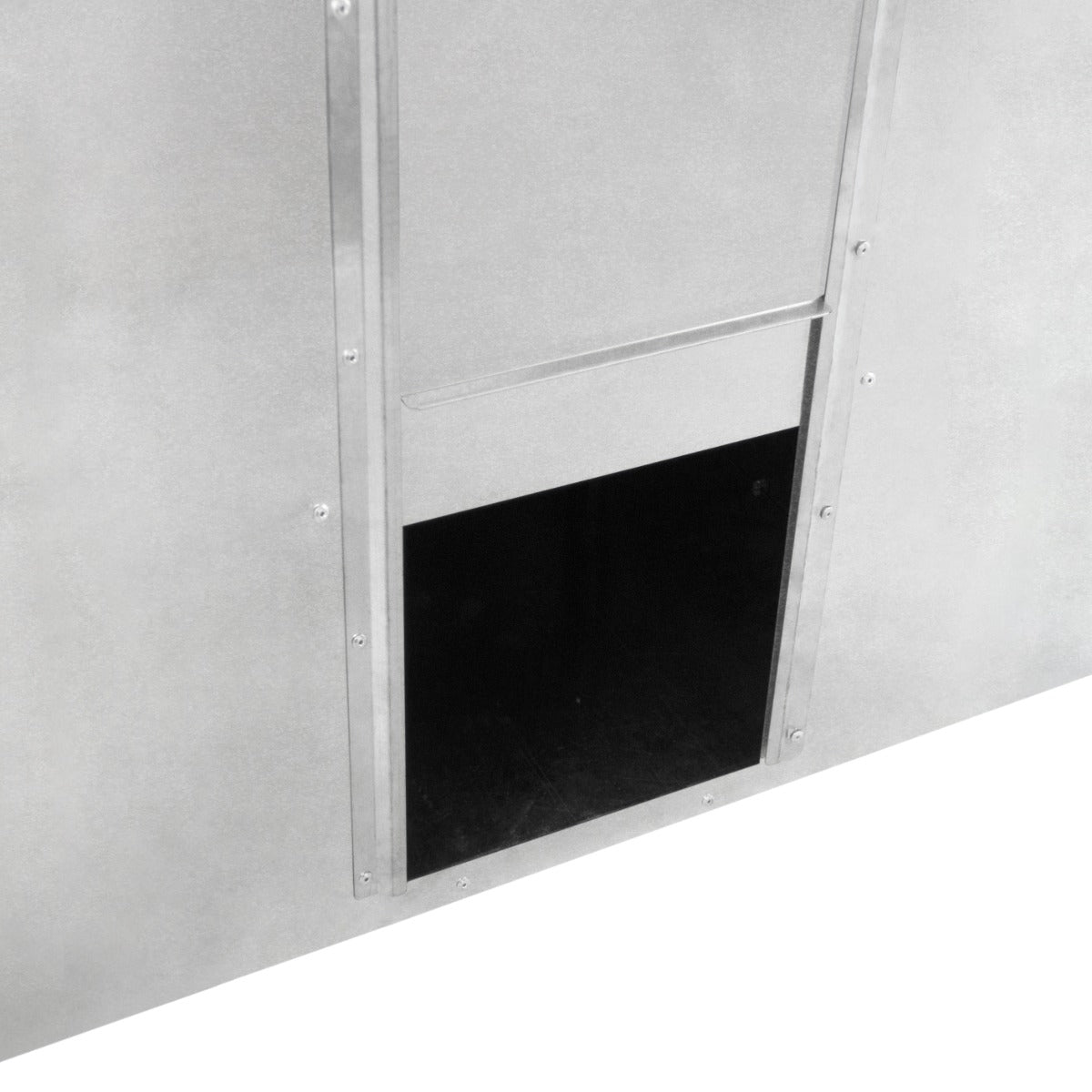 Bidone per carbone e legna in acciaio inox, con apertura frontale nera, design robusto e superficie liscia e resistente