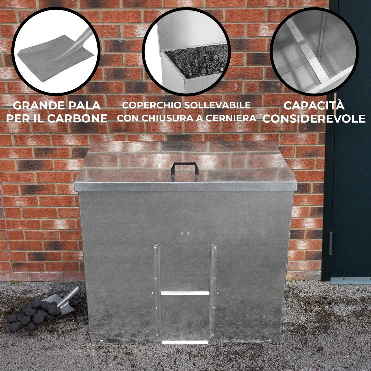 Bidone per carbone e legna in acciaio inox, con coperchio sollevabile e grande capacità, ideale per esterni e giardini