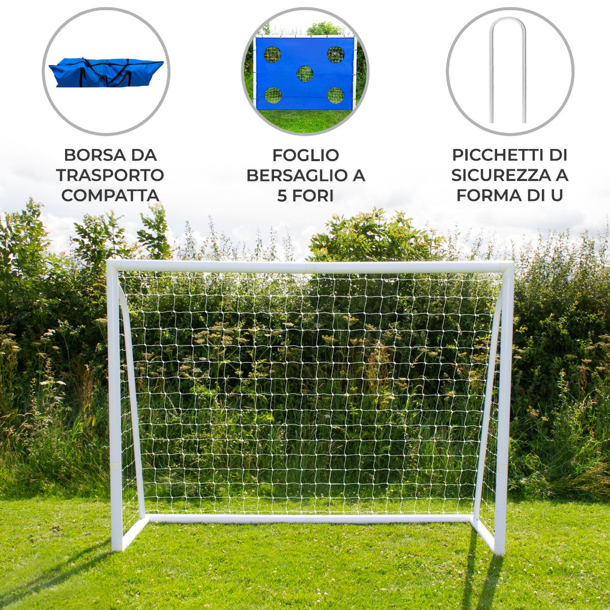 Porta da calcio bianca con rete, telo bersaglio blu a 5 fori, borsa da trasporto compatta e picchetti di sicurezza a forma di U