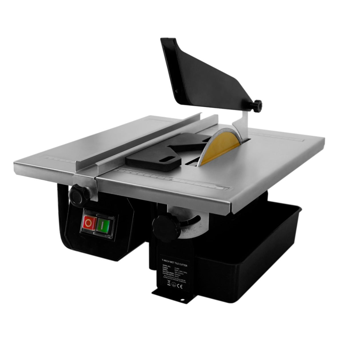 Tagliapiastrelle idraulico elettrico T-Mech con disco da 180mm, struttura in metallo grigio, piano di lavoro ampio e robusto