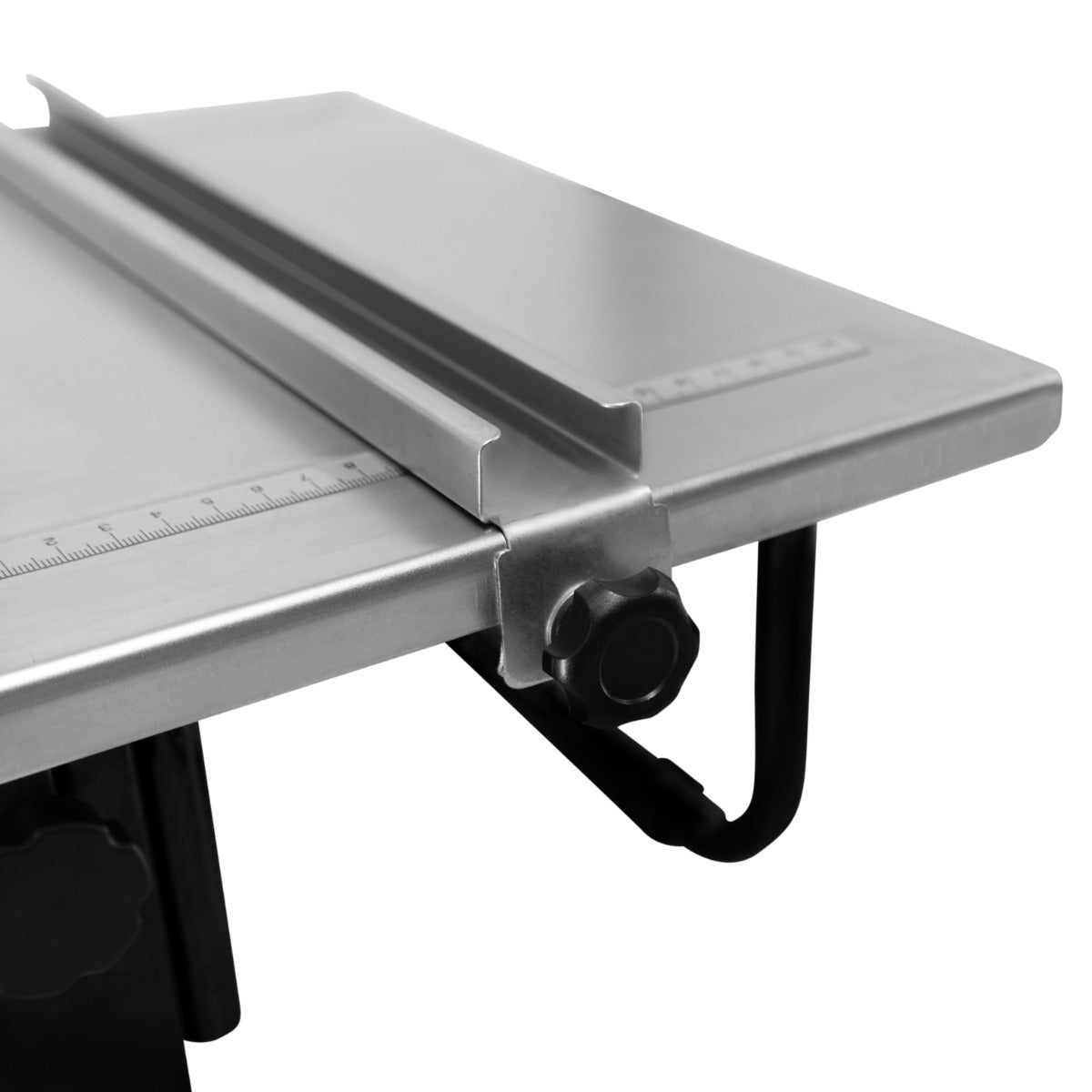 Tagliapiastrelle idraulico elettrico T-Mech con piano in acciaio inox, guida regolabile e manopola nera per il controllo della precisione