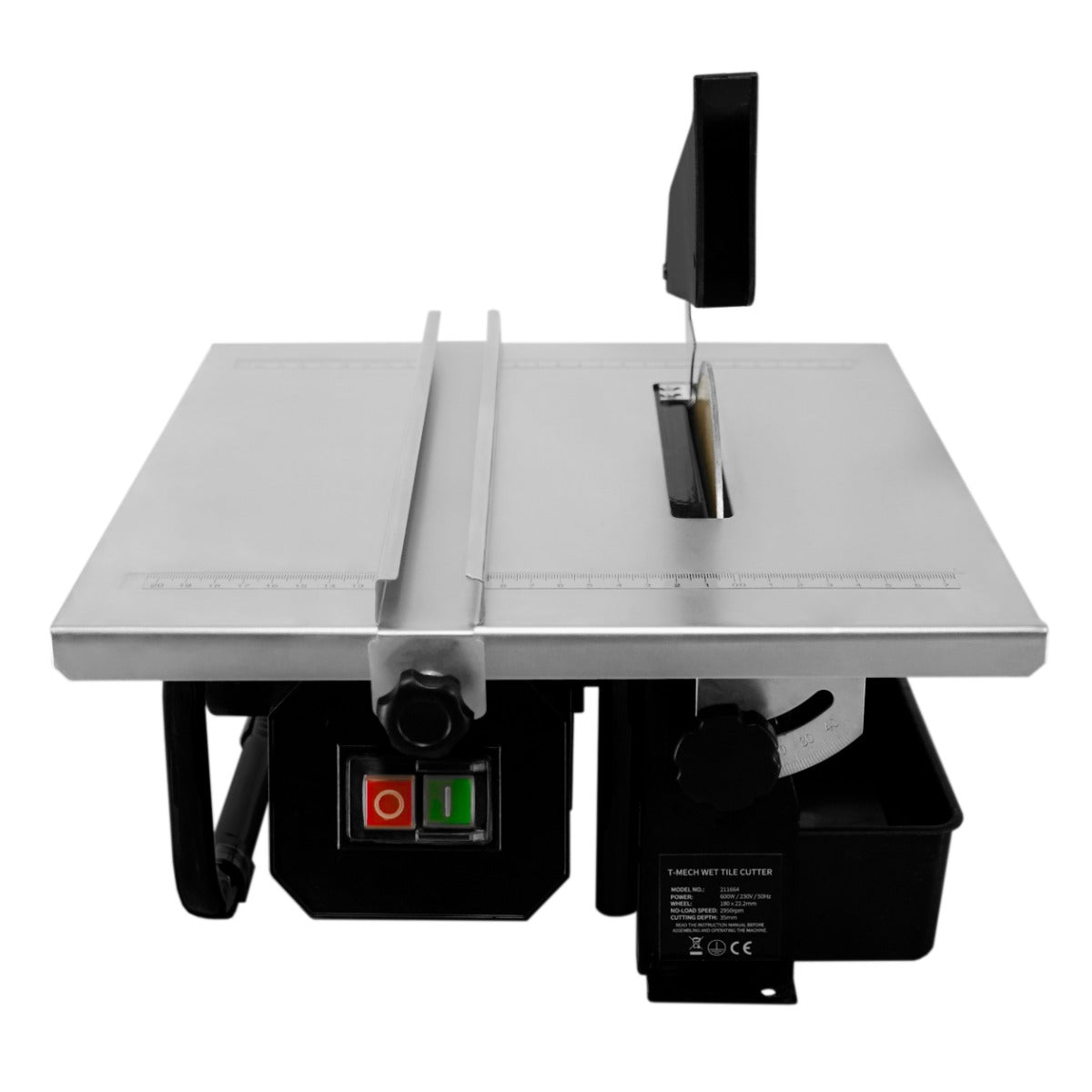 Tagliapiastrelle idraulico elettrico T-Mech con piano di lavoro in alluminio, lama da 180mm e pulsanti di accensione rossi e verdi