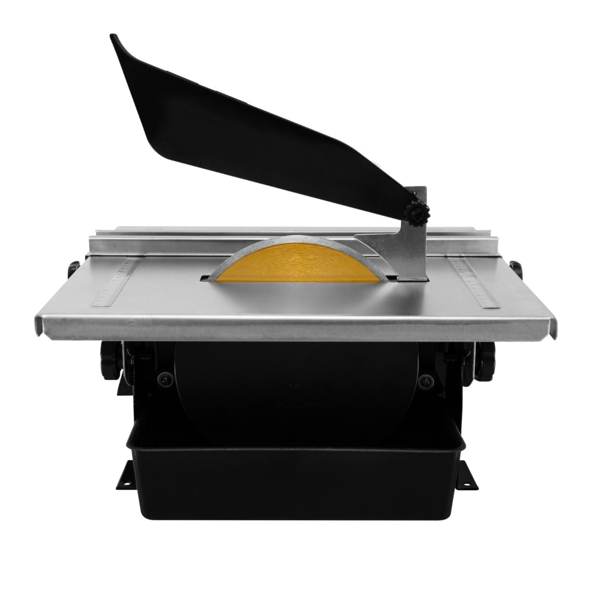 Tagliapiastrelle idraulico elettrico T-Mech con disco dorato da 180mm, struttura in metallo grigio e dettagli neri, design compatto e funzionale