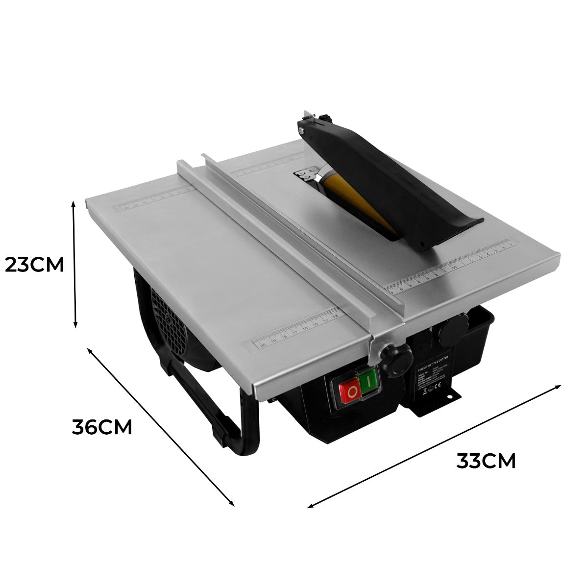 Tagliapiastrelle idraulico elettrico T-Mech, con piano in alluminio, lama da 180mm, dimensioni 36x33x23cm, colore grigio e dettagli neri
