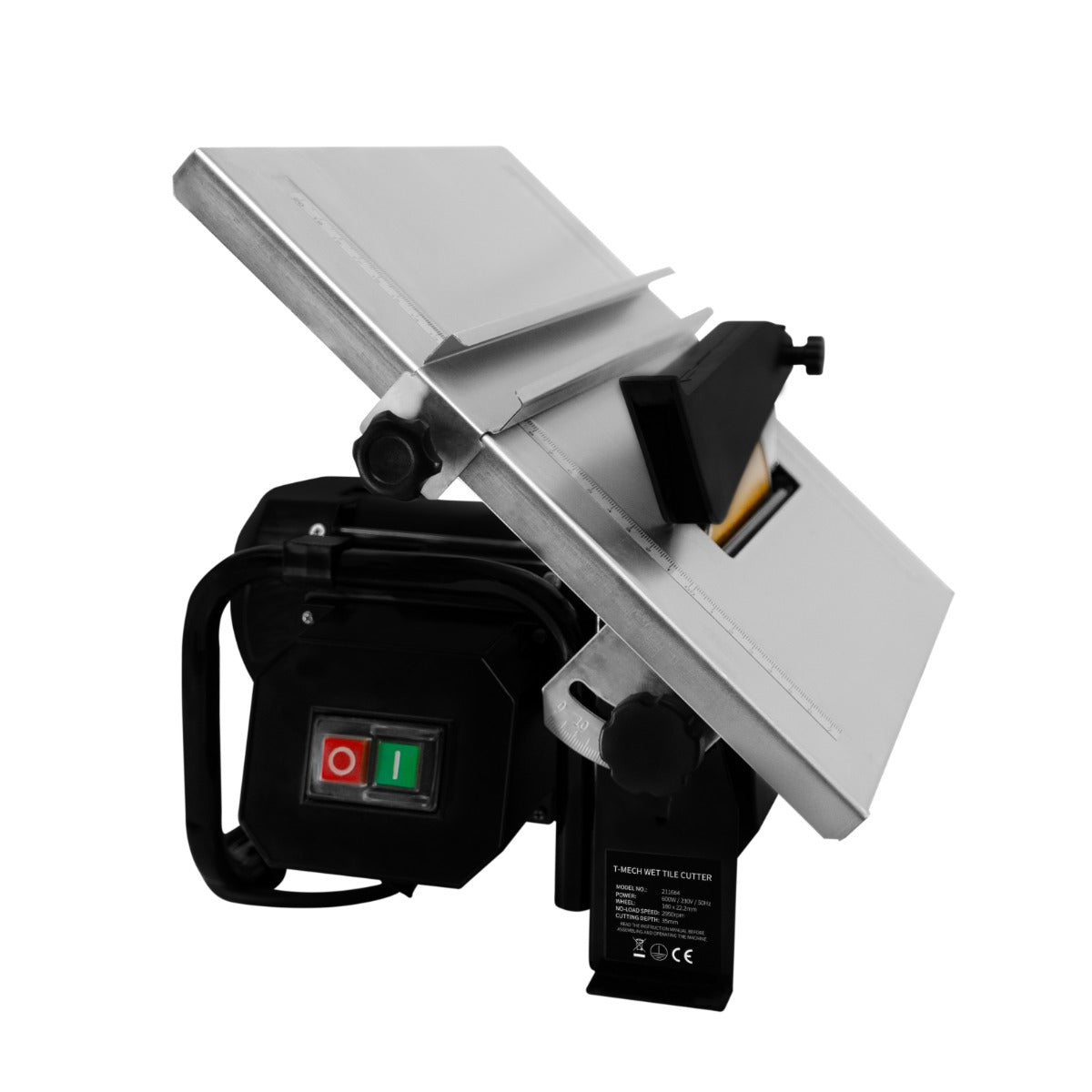 Tagliapiastrelle idraulico elettrico T-Mech con lama da 180mm, struttura in metallo, finitura lucida e manopole ergonomiche per un uso facile