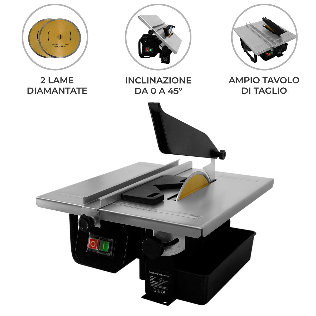 Tagliapiastrelle idraulico elettrico T-Mech con tavolo ampio, lame diamantate, inclinazione regolabile e motore potente da 600W