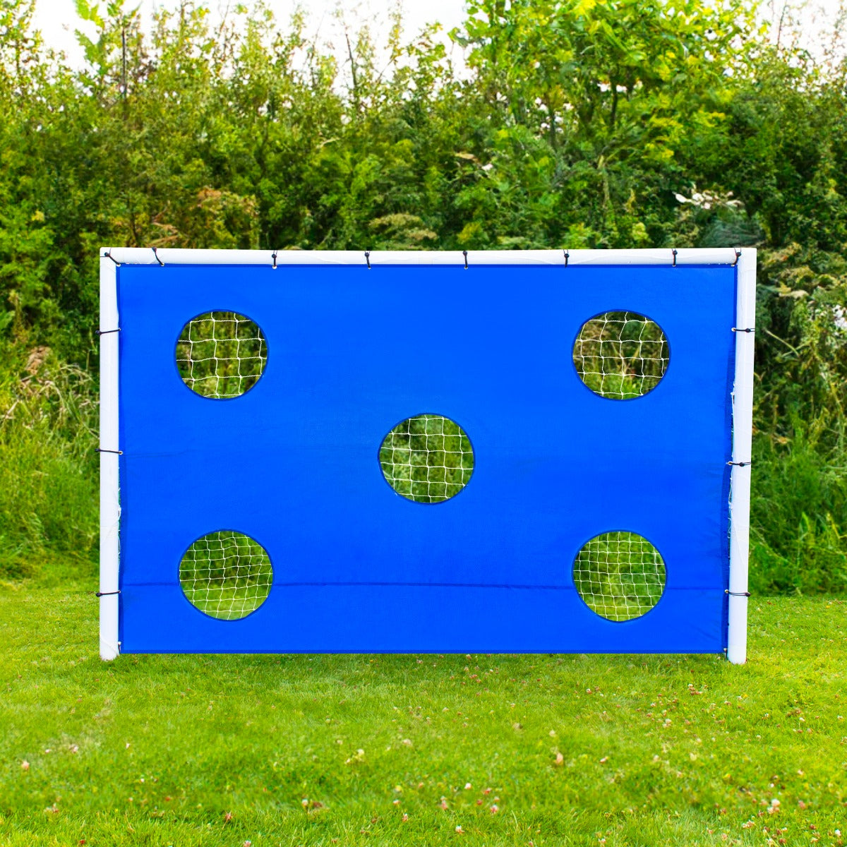 Porta da calcio blu 180cm x 120cm con rete e cinque bersagli circolari, ideale per allenamenti e giochi all'aperto