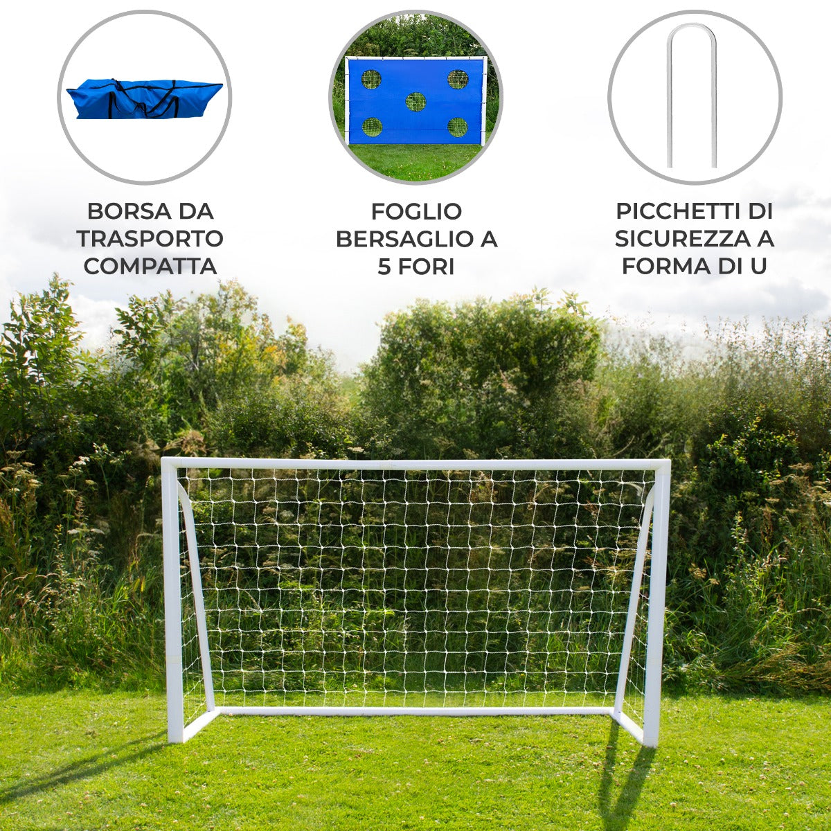 Porta da calcio bianca con rete, custodia blu per il trasporto, telo bersaglio verde con cinque fori, picchetti a forma di U