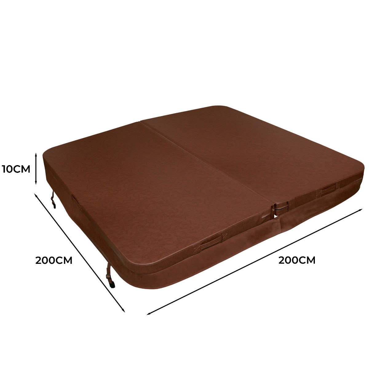 Copertura marrone per vasca idromassaggio, misura 2m x 2m, spessore 10cm, con texture resistente e chiusure laterali per una protezione ottimale