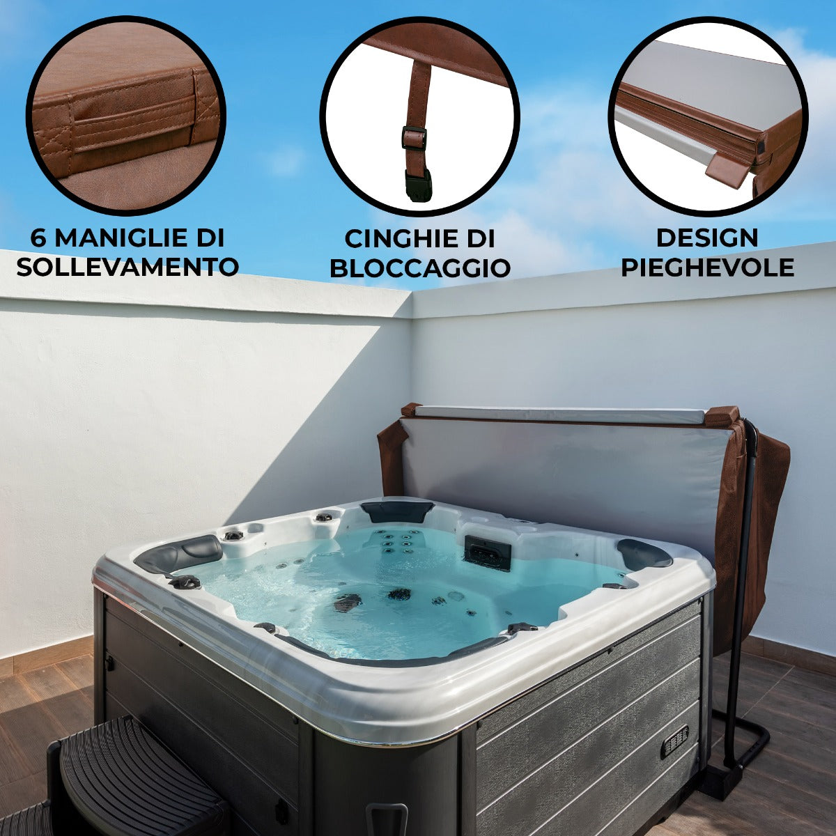 Copertura marrone per vasca idromassaggio da 2m, con maniglie di sollevamento e cinghie di bloccaggio, design pieghevole e resistente