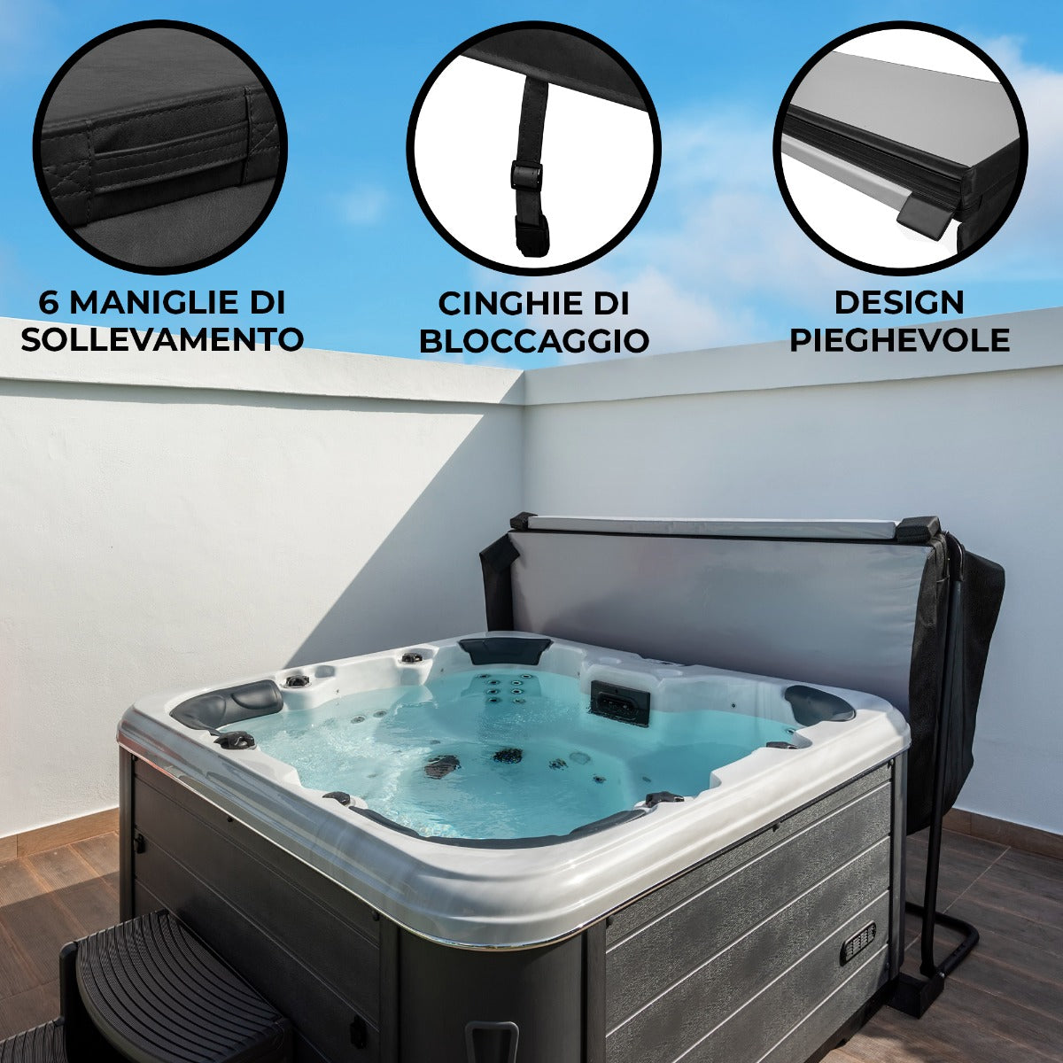 Copertura nera per vasca idromassaggio da 2m, con maniglie di sollevamento e cinghie di bloccaggio, design pieghevole e resistente