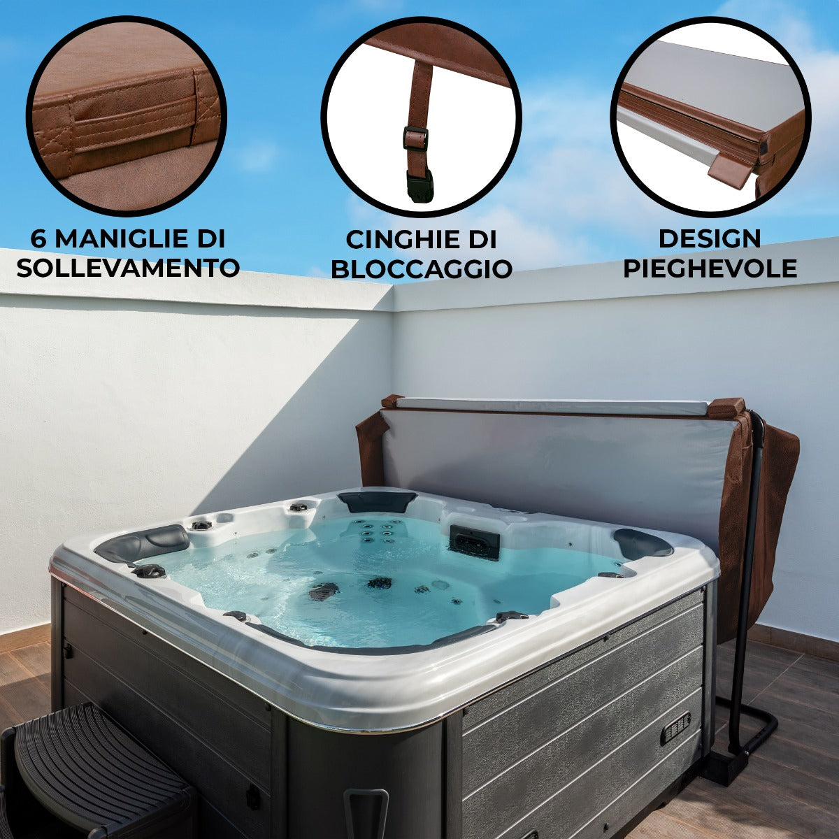 Copertura marrone per vasca idromassaggio da 2.1m, con maniglie di sollevamento e design pieghevole per una facile gestione