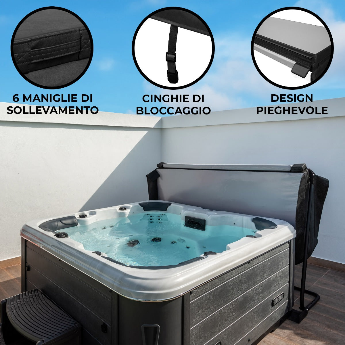 Copertura nera per vasca idromassaggio da 2.1m, con maniglie di sollevamento, cinghie di bloccaggio e design pieghevole per facile utilizzo