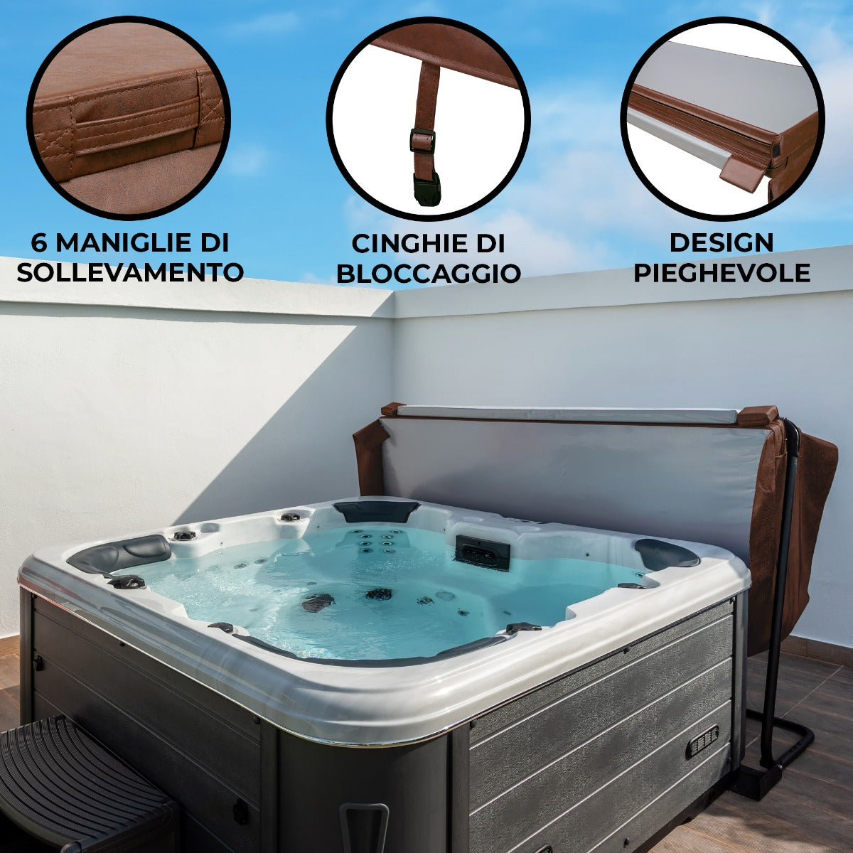 Copertura marrone per vasca idromassaggio da 2.2m, con maniglie di sollevamento e cinghie di bloccaggio, design pieghevole e resistente