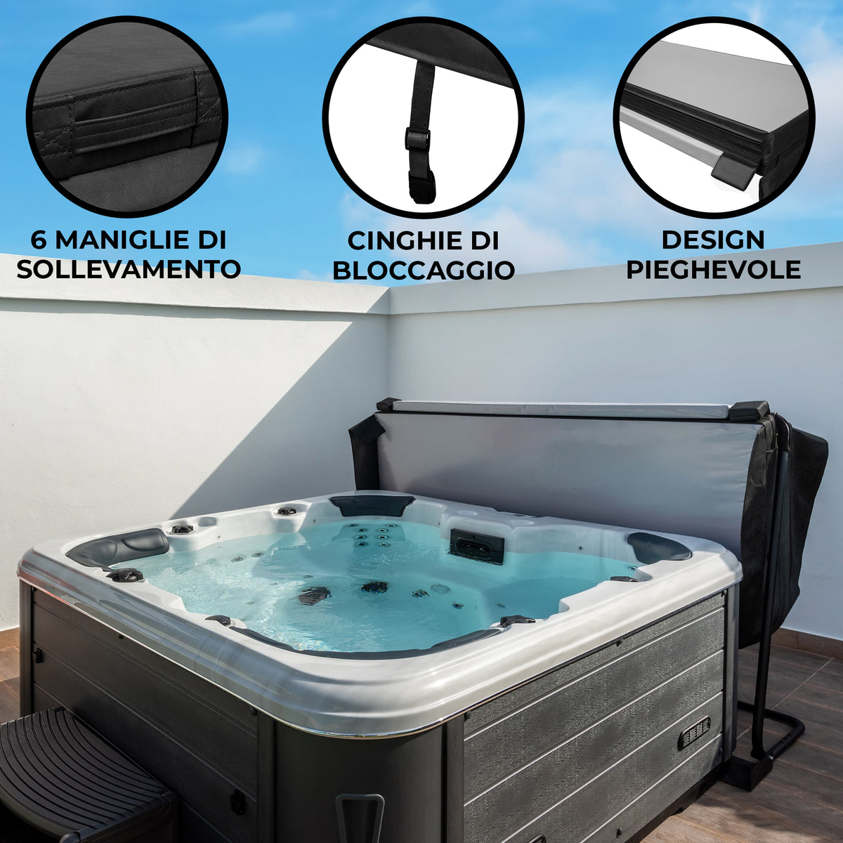 Copertura nera per vasca idromassaggio da 2.2m, con maniglie di sollevamento, cinghie di bloccaggio e design pieghevole