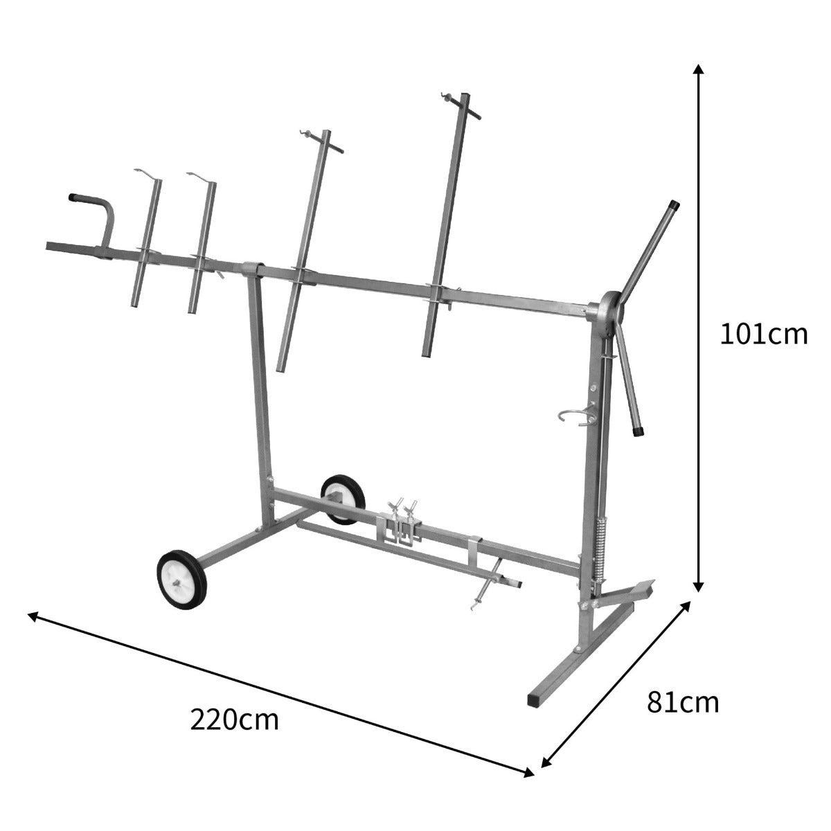 Supporto rotante per verniciatura in metallo grigio, con ruote, bracci regolabili e maniglia per un facile utilizzo, dimensioni 220x81x101 cm