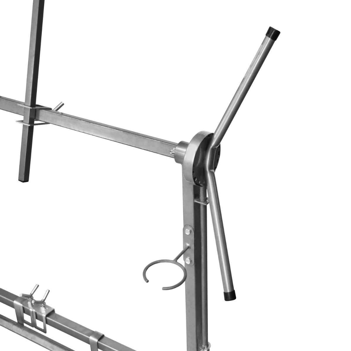 Supporto rotante per verniciatura in metallo argentato, con bracci regolabili e manico ergonomico, ideale per lavori di precisione