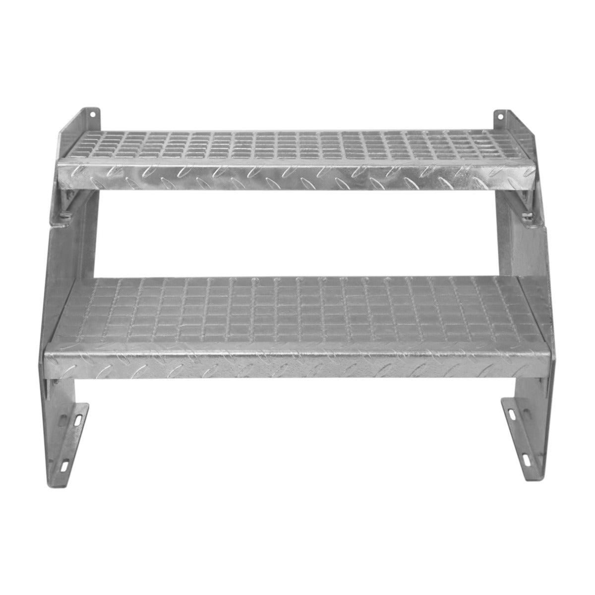 Scala zincata a 2 livelli con superficie antiscivolo, altezza regolabile, larghezza 600 mm, finitura metallica lucida e resistente
