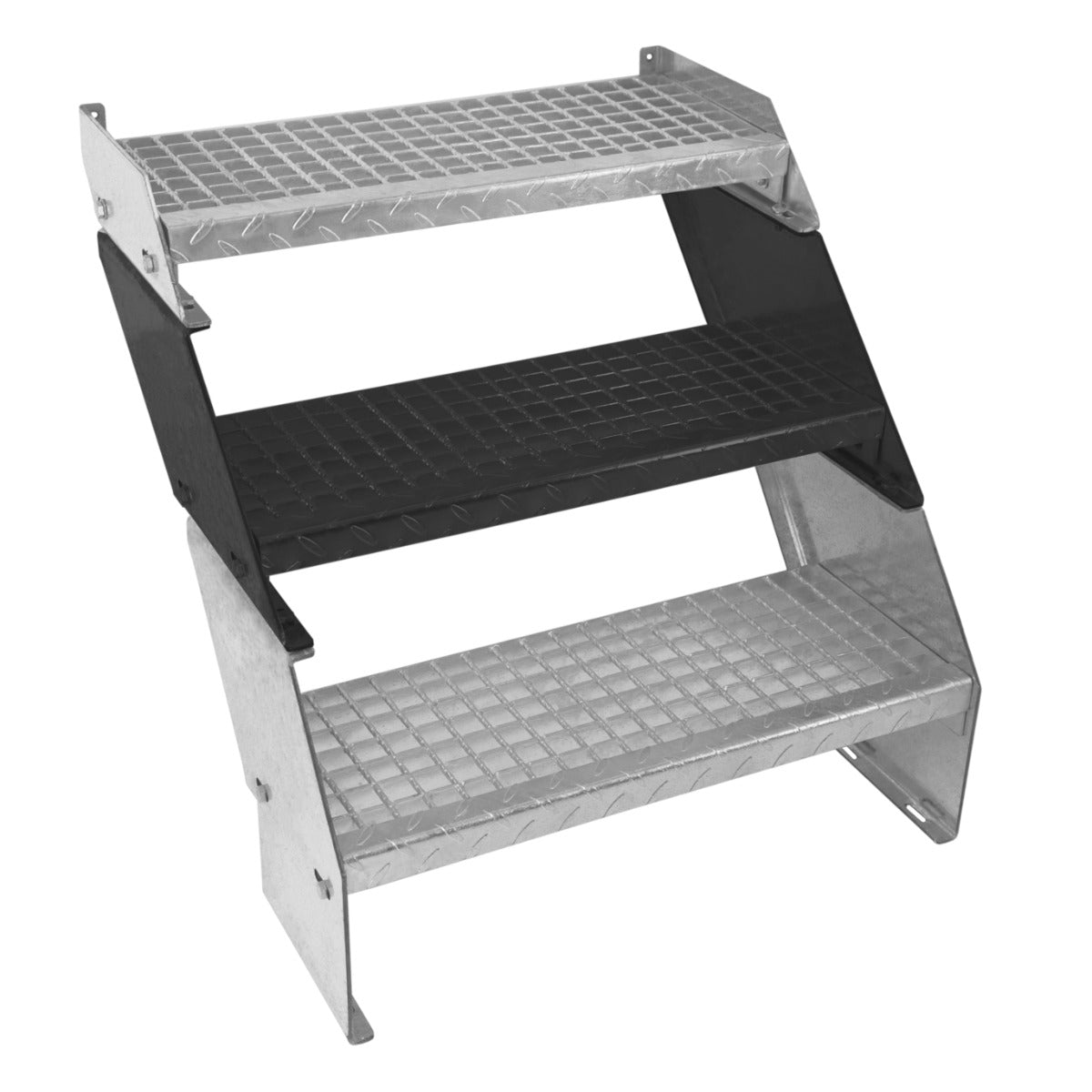 Scala zincata a 2 livelli con altezza regolabile, struttura robusta in metallo, gradini antiscivolo neri e superficie grigia a diamante