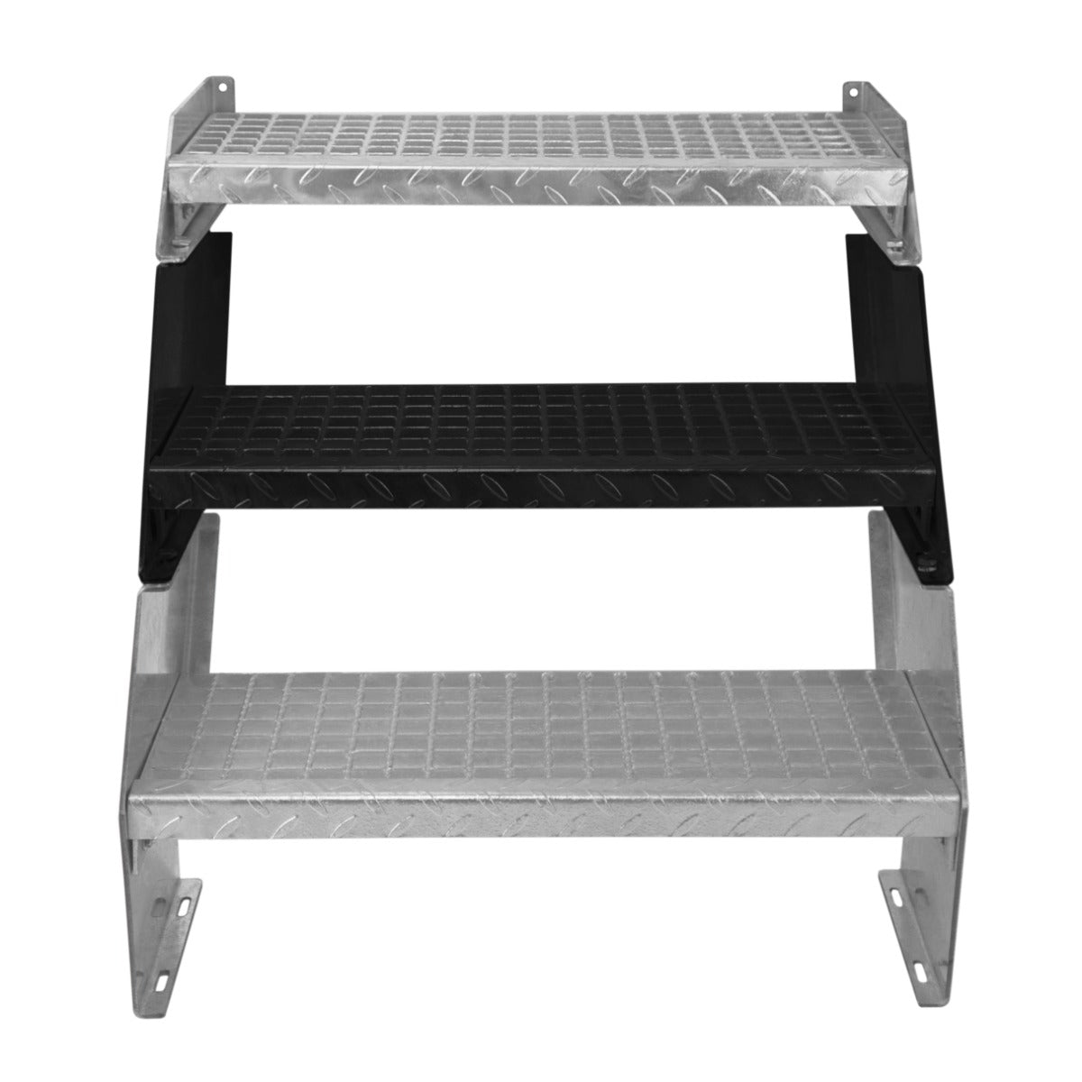 Scala zincata a 2 livelli con altezza regolabile, struttura robusta in metallo grigio e ripiani antiscivolo neri, larghezza 600 mm