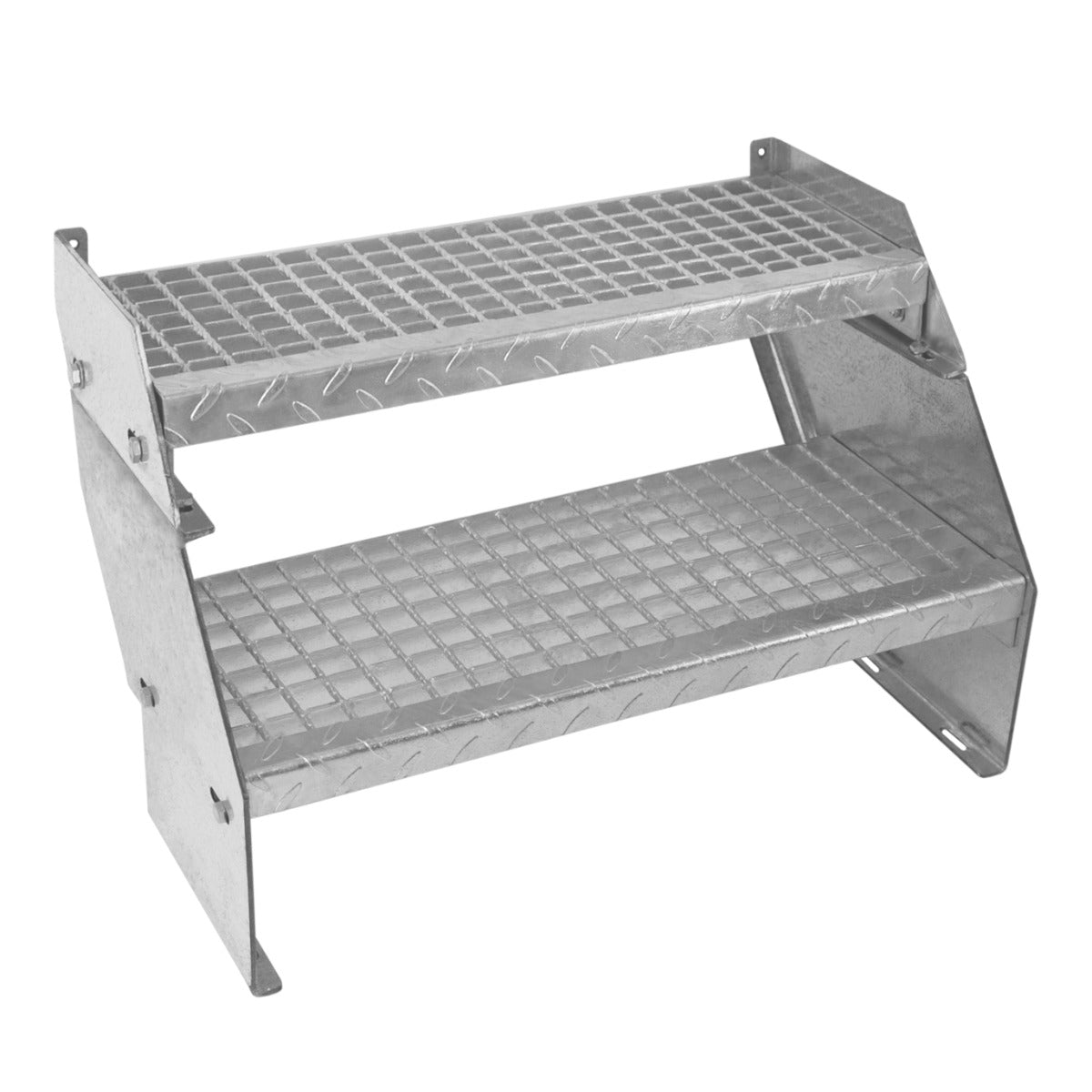 Scala zincata a 2 livelli con superficie antiscivolo, altezza regolabile, larghezza 600 mm, finitura metallica lucida e resistente