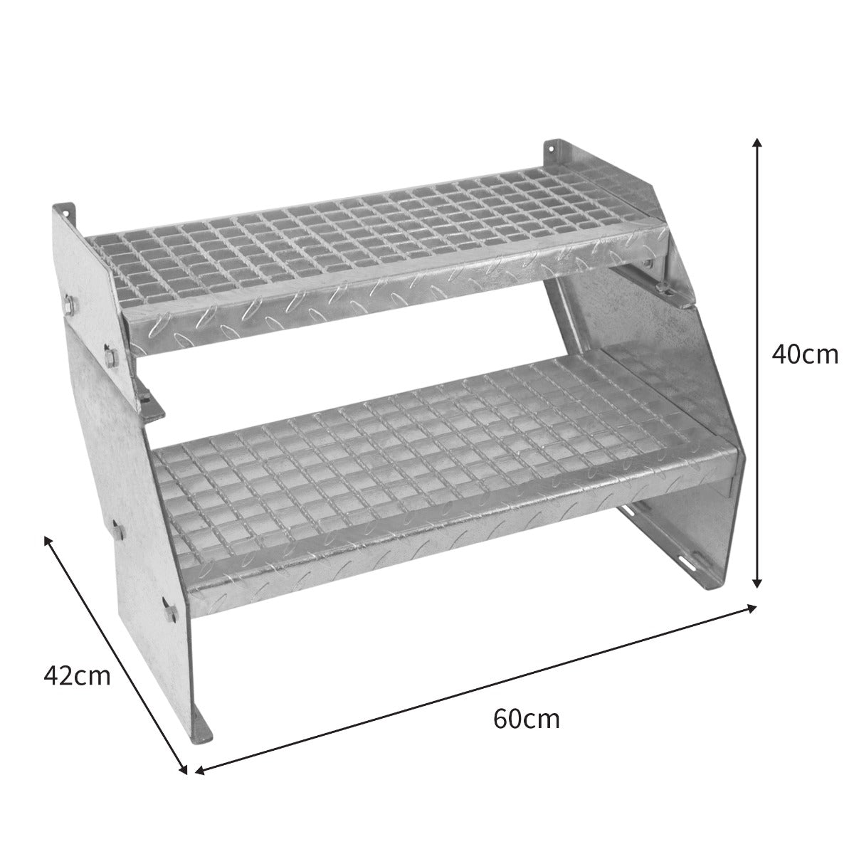 Scala zincata a 2 livelli, altezza regolabile, larghezza 600 mm, con superficie antiscivolo e struttura robusta in metallo lucido