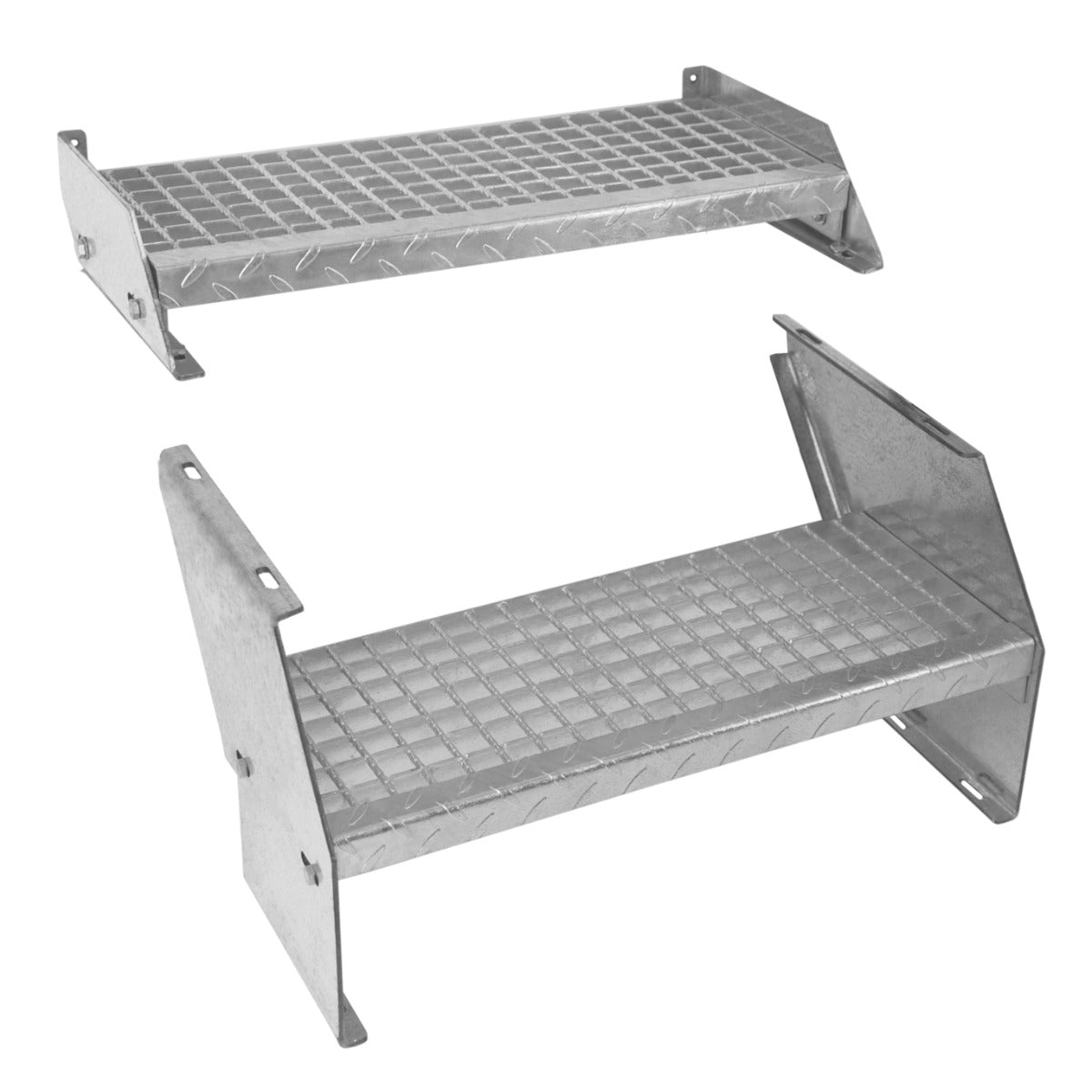 Scala zincata a 2 livelli con superficie antiscivolo, altezza regolabile, larghezza 600 mm, finitura metallica lucida e resistente