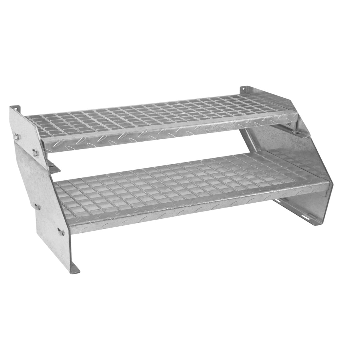 Scala zincata a 2 livelli con superficie antiscivolo, altezza regolabile, larghezza 900 mm, finitura metallica lucida e resistente