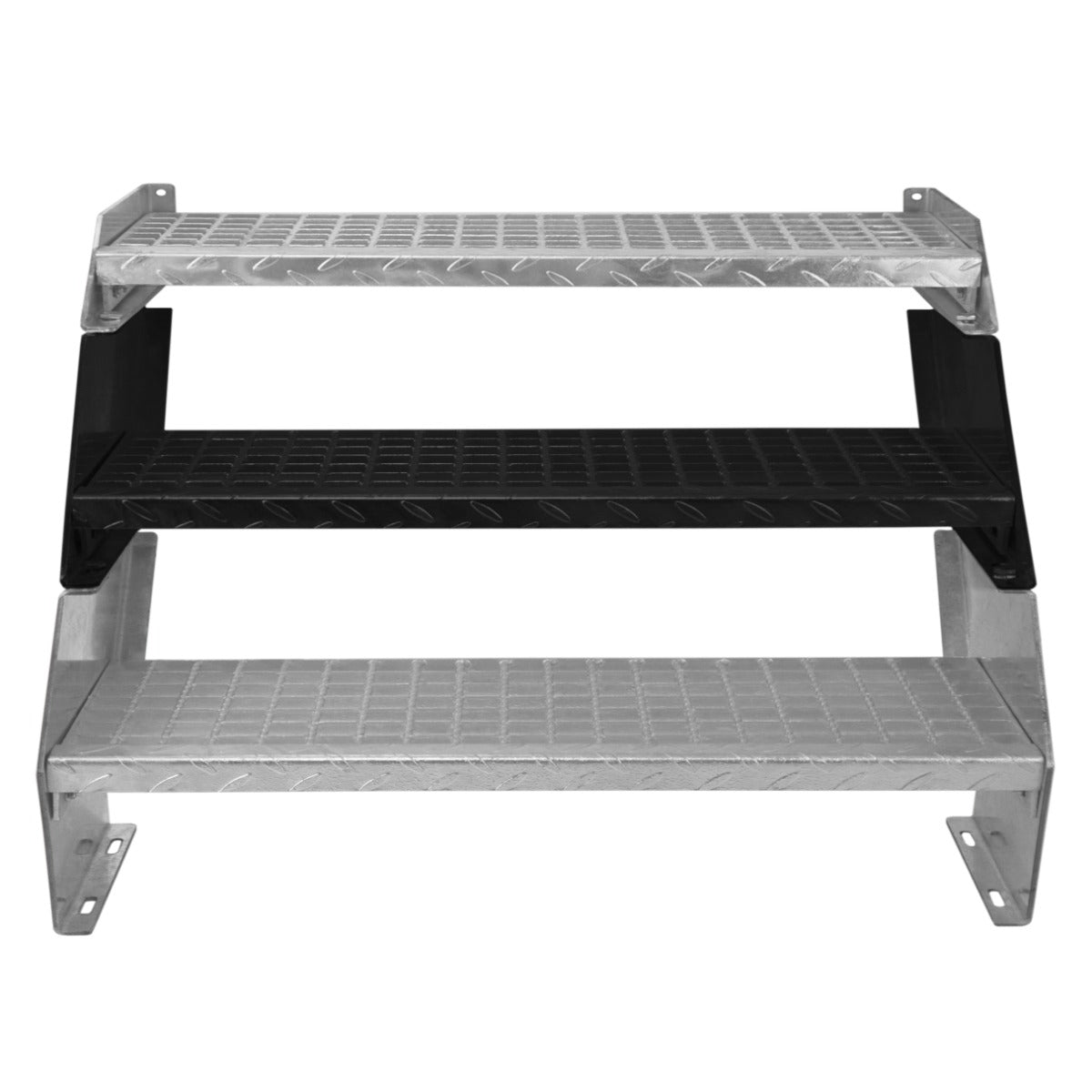 Scala zincata a 2 livelli con altezza regolabile, struttura in metallo grigio e nero, superficie antiscivolo e design robusto
