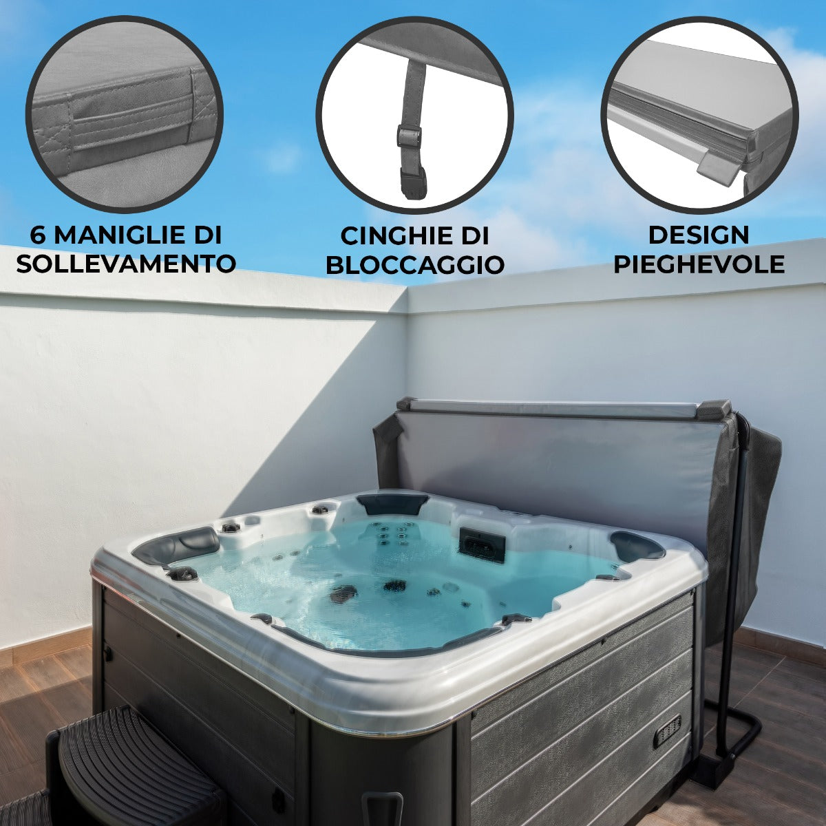 Copertura grigia per vasca idromassaggio da 2m con maniglie di sollevamento, cinghie di bloccaggio e design pieghevole