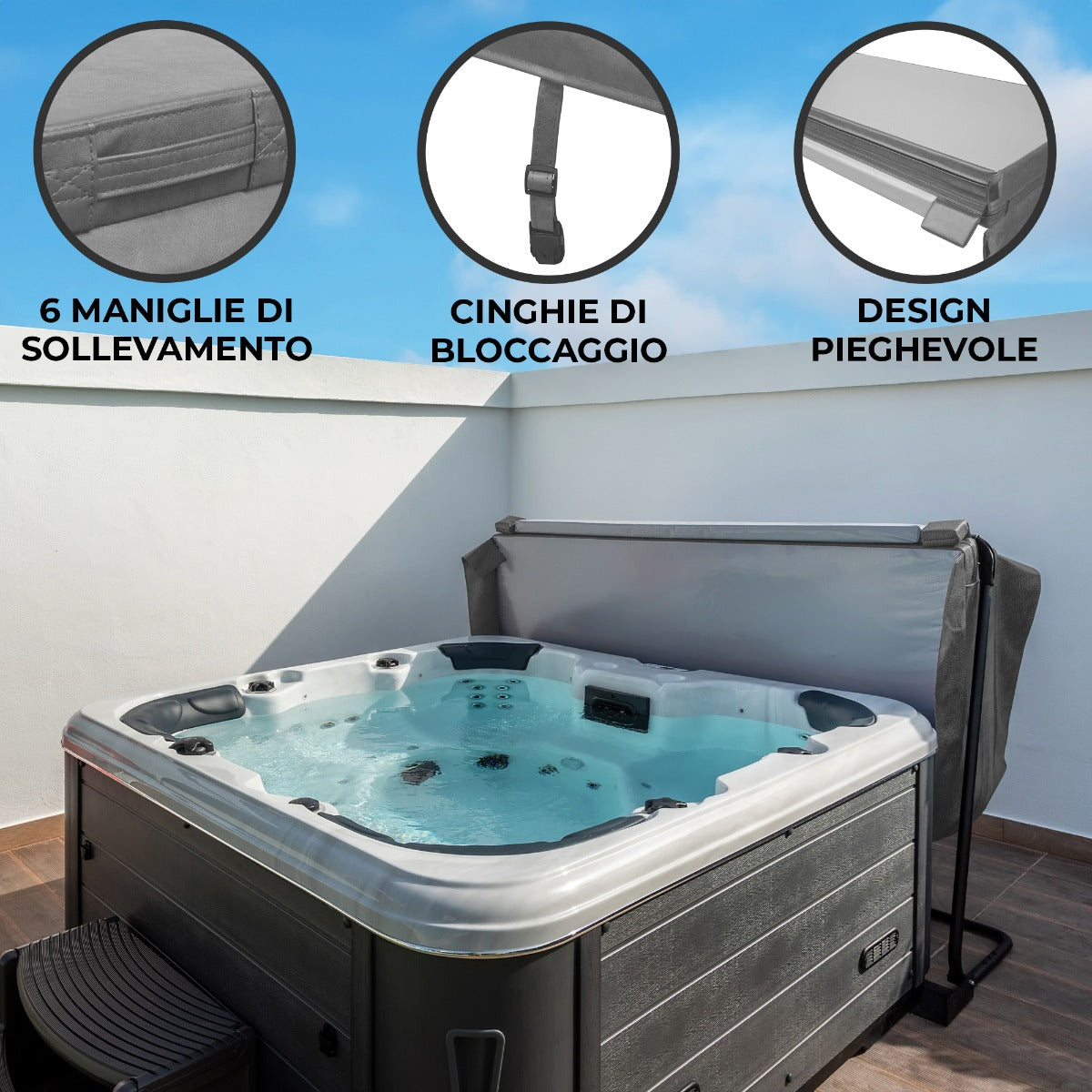 Copertura grigia per vasca idromassaggio da 2.1m, con maniglie di sollevamento, cinghie di bloccaggio e design pieghevole