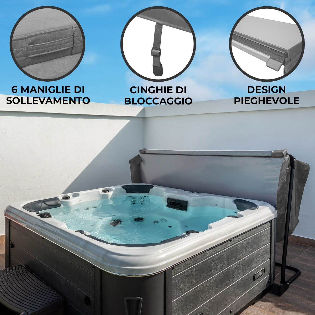 Copertura grigia per vasca idromassaggio da 2.2m, con 6 maniglie, cinghie di bloccaggio e design pieghevole per facile utilizzo