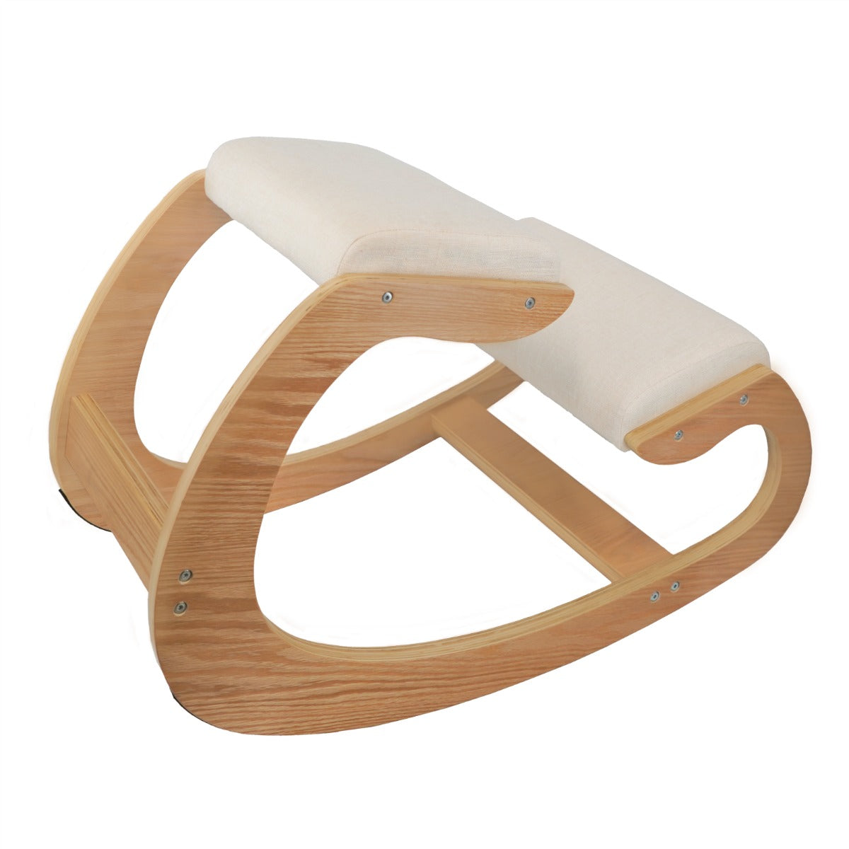 Sedia ergonomica da inginocchiarsi in legno chiaro con cuscino bianco, design curvo e superficie liscia per comfort e supporto ottimale