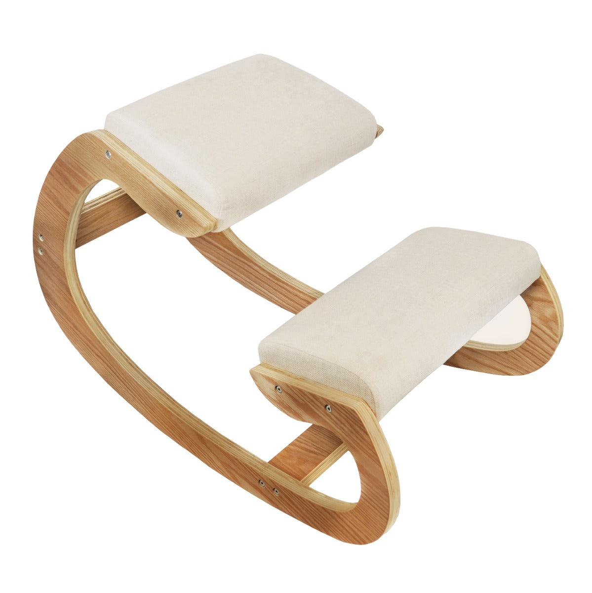 Sedia ergonomica da inginocchiarsi in legno chiaro con cuscini beige, design curvo e accogliente per un comfort ottimale