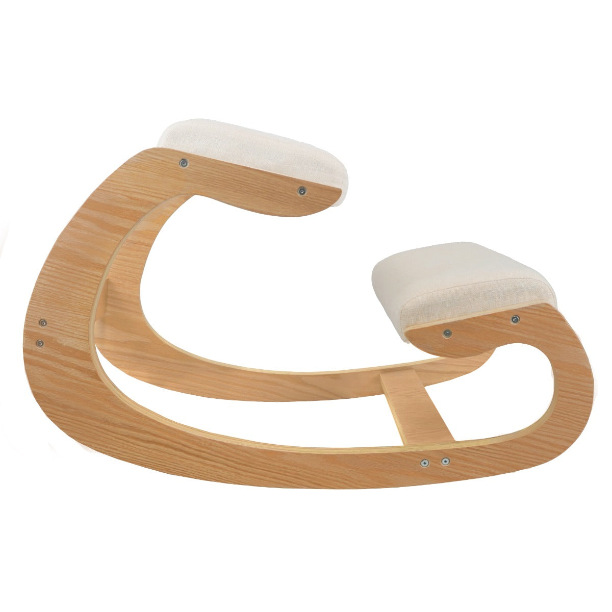 Sedia ergonomica da inginocchiarsi in legno chiaro con cuscini beige, design curvo e moderno per comfort e supporto ottimale