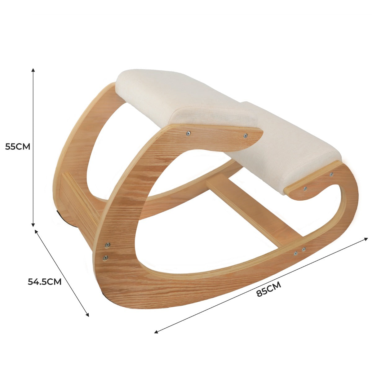 Sedia ergonomica da inginocchiarsi in legno chiaro con cuscino bianco, design curvo e linee moderne, ideale per il comfort durante il lavoro